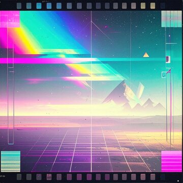 Glitch art landscape with neon mountains and perspective grid.