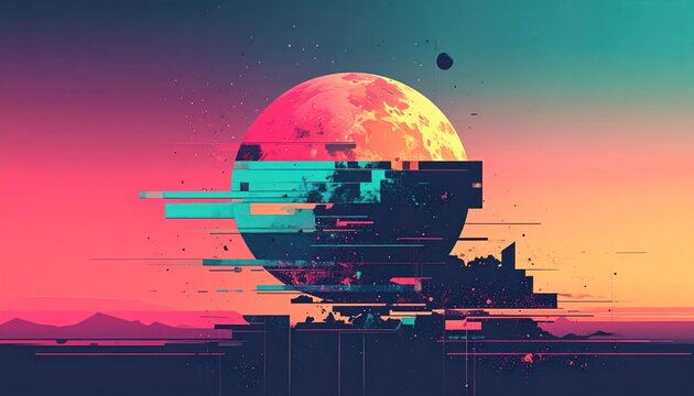 Glitch art moon over colorful synthwave horizon.