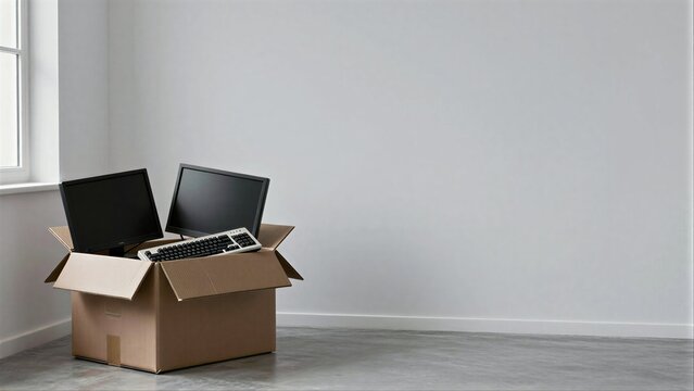 Empty room with cardboard box holding two monitors and a keyboard.