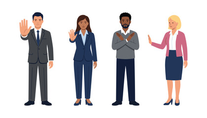 Obraz premium Diverse Business People Vector Character Set Showing Stop Hand Gestures and Refusal Signs Representing Prohibition Denial and Disagreement Concepts