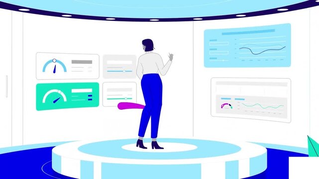 Professional woman interacting with digital data charts on holographic interface in this flat vector style business animation motion video clip