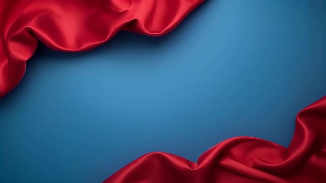 Red Satin Fabric Draped Across Blue Background, Elegant Abstract Textile Composition with Flowing Folds, Rich Color Contrast, Smooth Texture, and Luxury Design Appeal