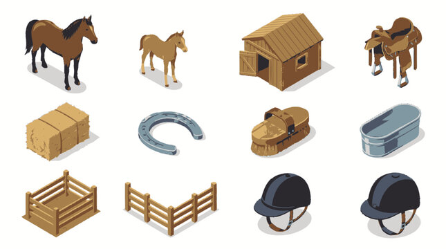 Collection of isometric horse-related objects and farm elements for equestrian activities.