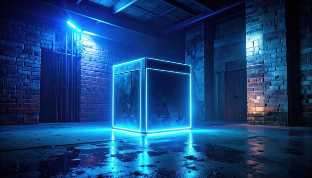 Glowing blue neon cube in dark brick room.