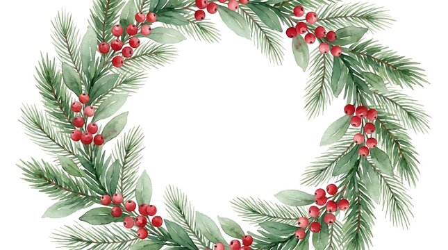 Watercolor Christmas wreath made of pine branches and red berries with white copy space