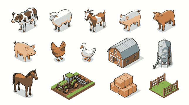 Collection of isometric farm animals, buildings, and equipment in a flat design style.