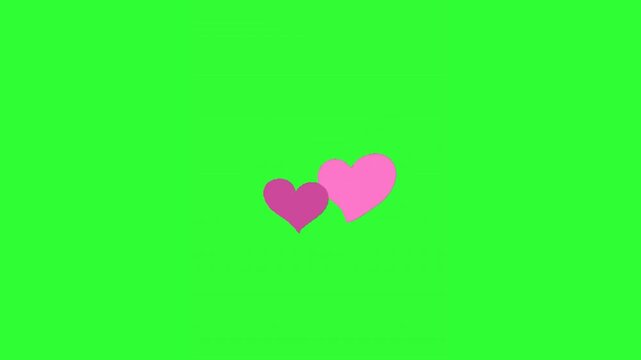 Playful animation of pink, purple, and small white hearts growing and scaling in size on a bright green screen background. This romantic motion graphic is suitable for Valentine&rsquo;s Day videos