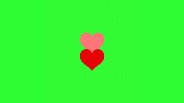 Cute red and pink heart pairs bouncing in place on a bright green screen background, creating a playful romantic motion graphic. Ideal for Valentine&rsquo;s Day content, love messages