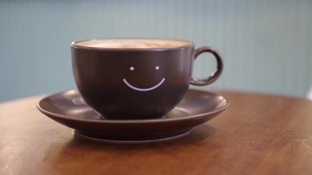 Cinematic close up shot of hot coffee in dark cup with smiley face icon on wooden table in cafe