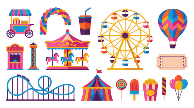 Amusement park circus carnival flat vector elements collection.