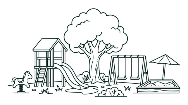 Kids playground coloring page vector with slide swing and sandbox.