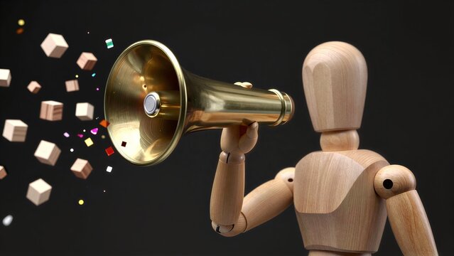 Wooden figure shouts through golden megaphone, scattering cubes in vibrant display.