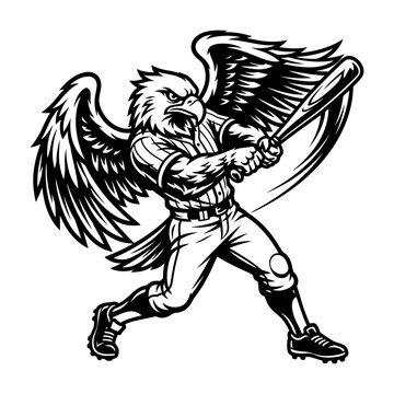 Eagle Mascot Baseball Player Swinging Bat Vector Illustration Black and White Sports Logo Design