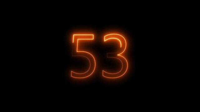 glowing neon text 53 number countdown icon animation video on a black background