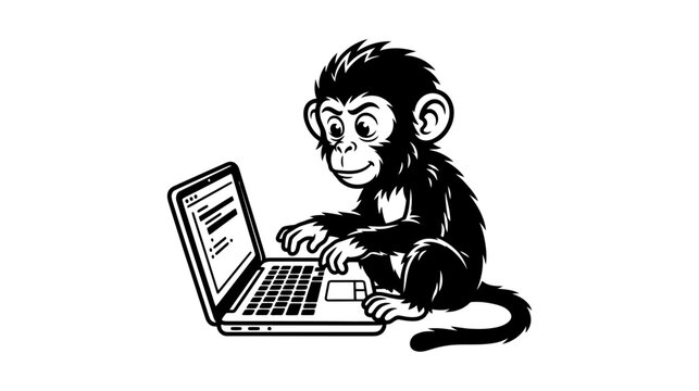 Cartoon Monkey Mascot Using Laptop Computer Vector Illustration, Black and White Chimpanzee Character Working on Keyboard
