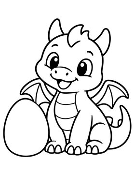 Cute baby dragon sitting next to an egg coloring page for children vector illustration