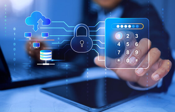information security concept with businessman touch enter password on virtual keypad to access servers and business data