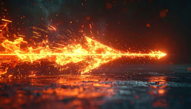Glowing flaming arrow traveling across dark reflective ground.