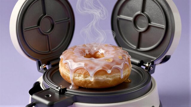 Steam rises from a caramel-glazed donut cooking in an electric donut maker.