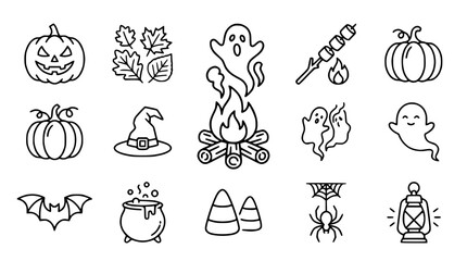 Fototapeta premium Halloween Icons Set: Pumpkin, Ghost, Bat, Witch Hat, Campfire, Spider