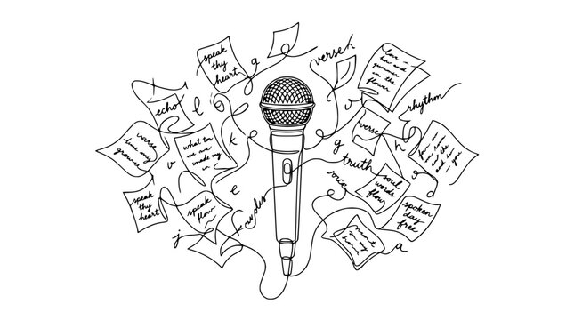 Microphone and Scattered Words Illustration for Speech, Poetry, Music, and Performance