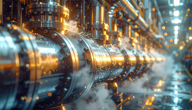 Industrial Steam Pipes: A close-up shot showcases a row of gleaming industrial pipes, with steam billowing around them, hinting at the intense heat and power of the manufacturing process.
