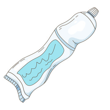  hand-drawn vector illustration of a tube of toothpaste with a light blue label, perfect for themes related to dental health and personal care.