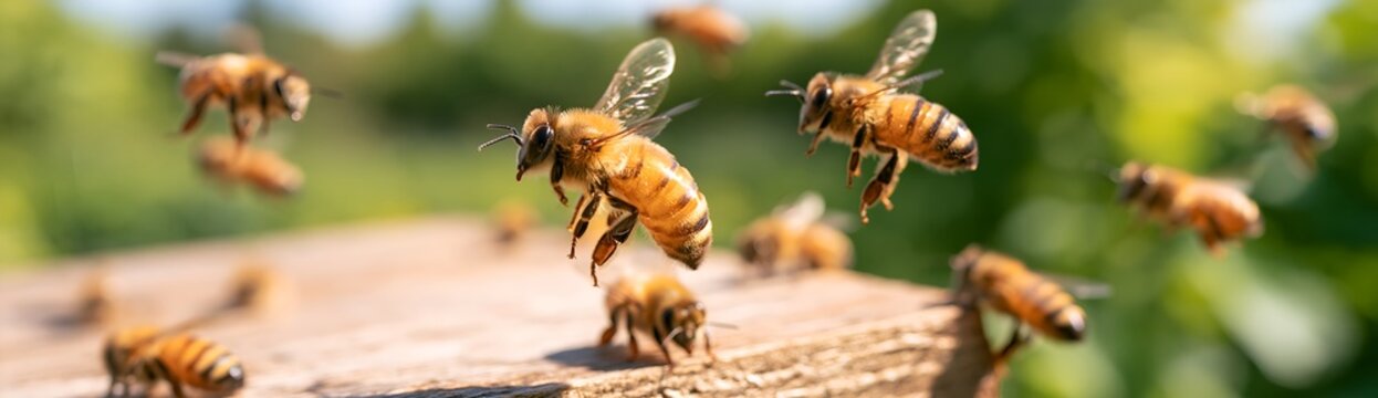 Bees hover near wooden hive entrance.