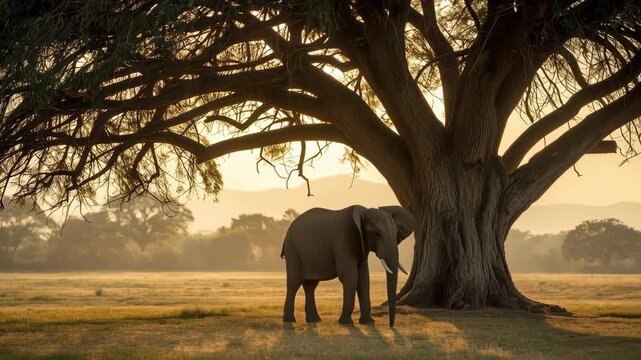 Elephant Beneath Acacia Tree in African Savanna Landscape, Wildlife Sunrise and Sunset Scene Across Golden Grassland, Peaceful Mammal Animal Nature Habitat with Expansive Scenic Views