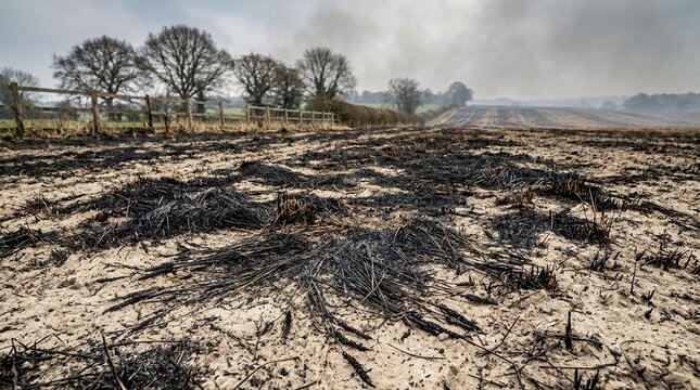 Aftermath of agricultural field fire showing charred residue and smoke on a dry landscape with distant trees and a cloudy sky