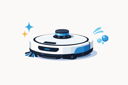 Modern robotic vacuum cleaner with blue accents and sparkles