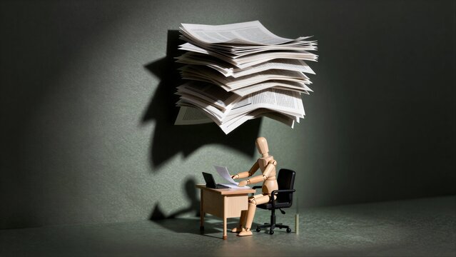 Wooden figure sits at desk, overwhelmed by towering stack of papers under dim light.