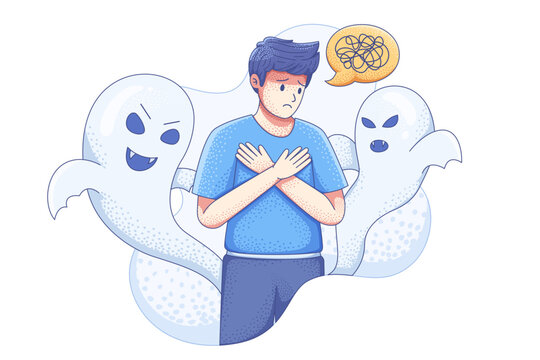 Man struggling with anxiety and mental health haunted by ghosts metaphor illustration