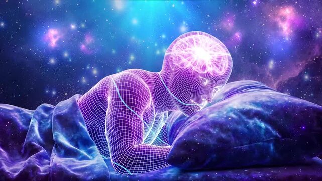 Futuristic Wireframe Human Body Sleeping in Bed with Glowing Brain Activity and Cosmic Purple Nebula Space