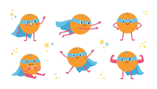 Flat design citrus superhero illustration collection with funny orange characters flying flexed muscles waving and showing food superpower for kids graphics