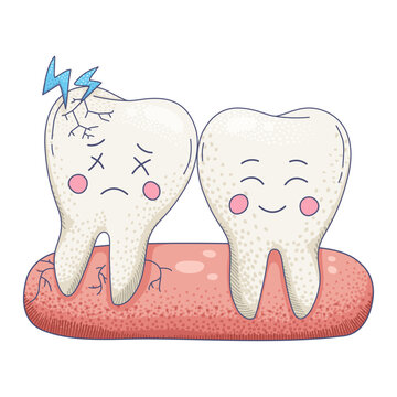 Cute cartoon tooth with toothache and healthy tooth character illustration