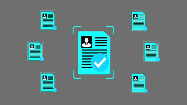 Close-up of person neon glow line with digital approved document icons signifying file verification and recruitment process completion. Motion graphics of personal document verify concept
