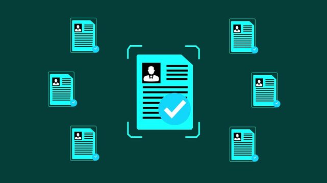 Close-up of person neon glow line with digital approved document icons signifying file verification and recruitment process completion. Motion graphics of personal document verify concept