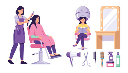 Obraz premium Hair salon and beauty parlor illustration vector set with hairdresser cutting hair woman sitting under hooded dryer vanity mirror and styling tools isolated on white background