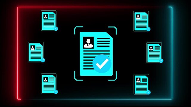 Close-up of person neon glow line with digital approved document icons signifying file verification and recruitment process completion. Motion graphics of personal document verify concept.