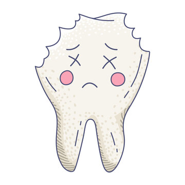 cute cartoon illustration of a damaged or decayed tooth with a sad expression, cross eyes