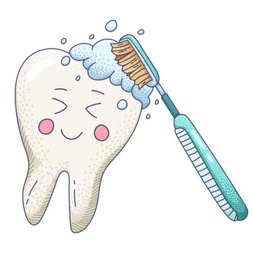 Illustration of happy white tooth character enjoying a brush with a toothbrush and bubbly foam, perfect for pediatric dental health and hygiene concepts.
