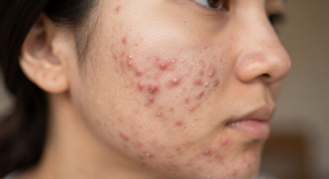 Close-up of a young woman's face with acne, showing the texture and blemishes of her skin.