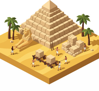 Isometric view of pyramid construction with workers moving blocks and the Sphinx, suitable for historical illustrations, travel marketing and ancient civilization themes.