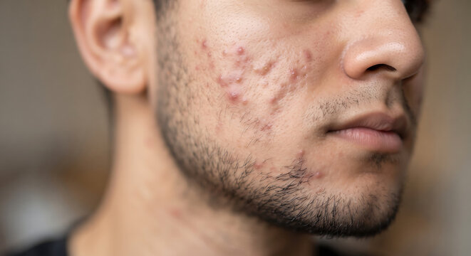 Close-up of a young man's face with prominent acne and scarring, highlighting the realities of skin condition and self-consciousness.