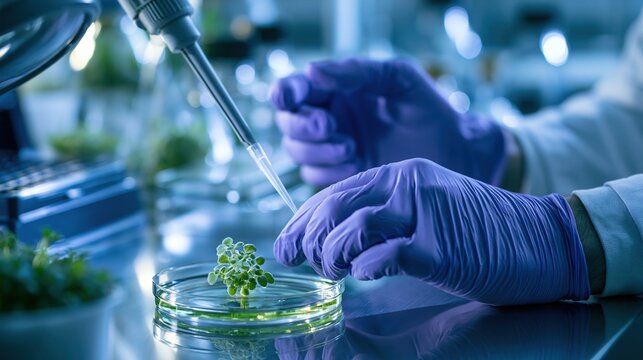 Scientist in purple gloves examining green plant sample using pipette