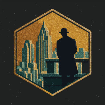 Silhouette of a man in a hat viewing a stylized cityscape from a balcony, art deco style, concept for travel, vintage advertising and urban exploration.