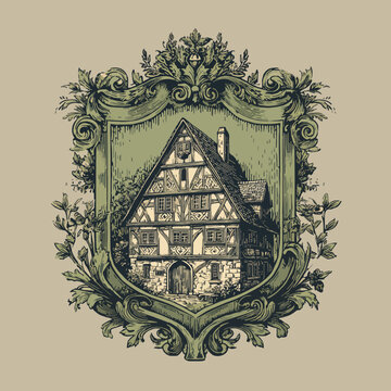 Vintage half-timbered house illustration within ornate heraldic crest, ideal for heritage branding, architectural design and historical storytelling.