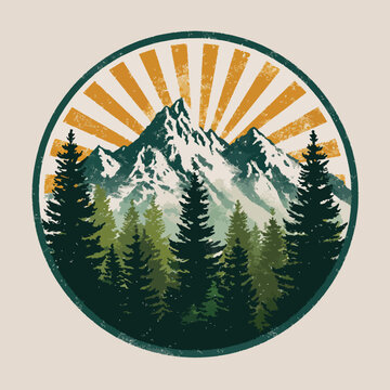 Vintage mountain range with pine forest and sunburst graphic, distressed emblem, ideal for outdoor adventure branding, travel posters and nature enthusiasts.