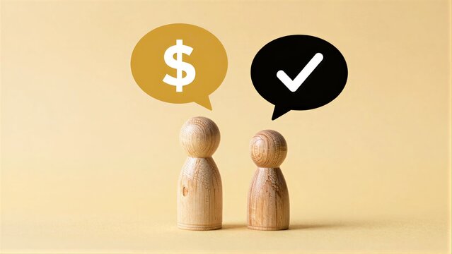 Two wooden figures, one with a dollar sign and the other with a checkmark.